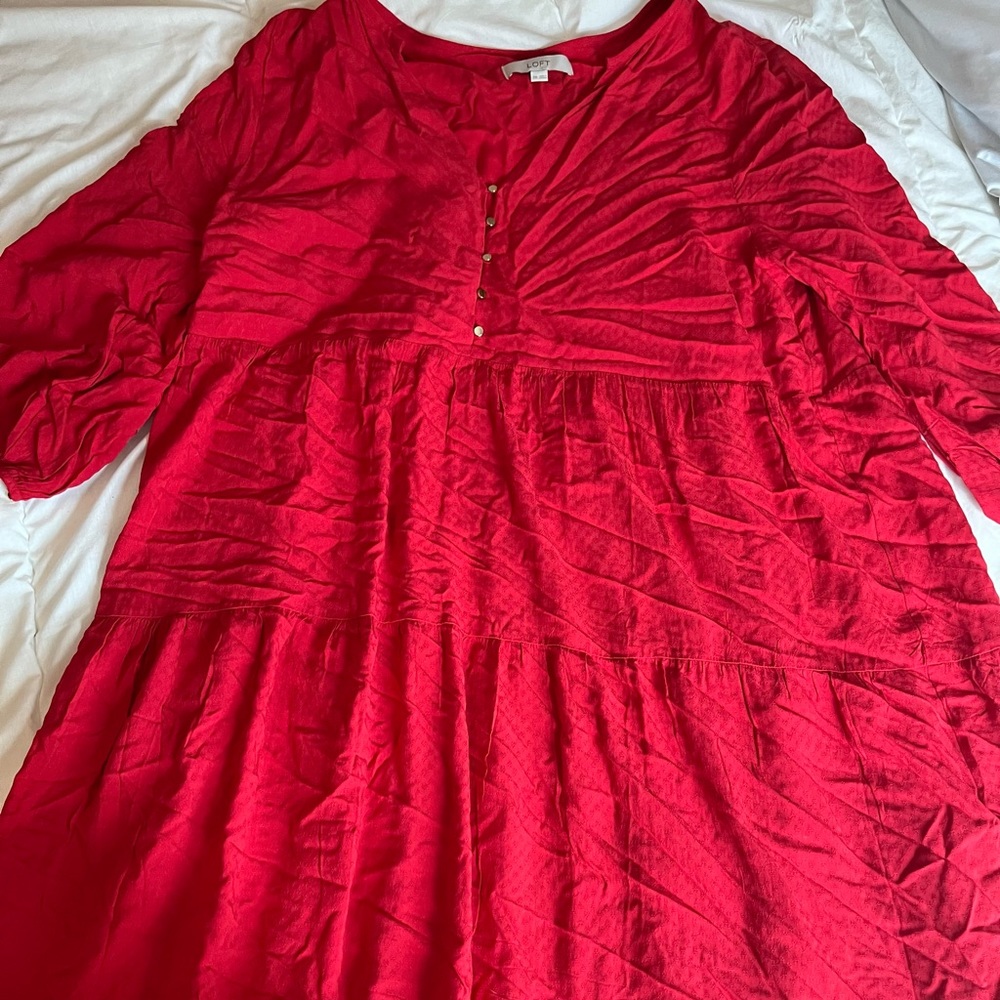 ✨LOFT Red tiered flowy dress with gold accent buttons